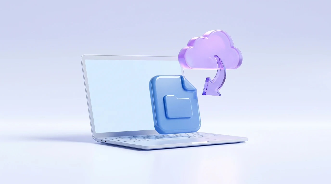 Silver laptop with a blue file folder and a purple cloud download symbol
