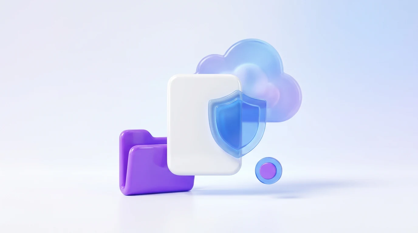 Blue shield protecting a white document near a cloud and purple folder