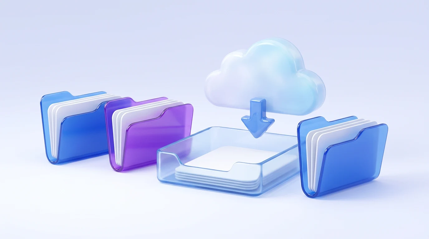 Blue and purple folders beside a cloud and a file download tray