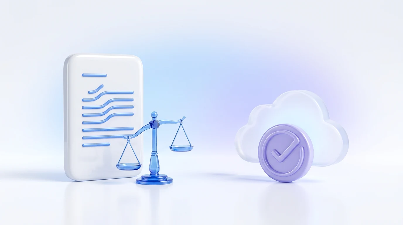 White document beside a small blue balance scale and purple check symbol