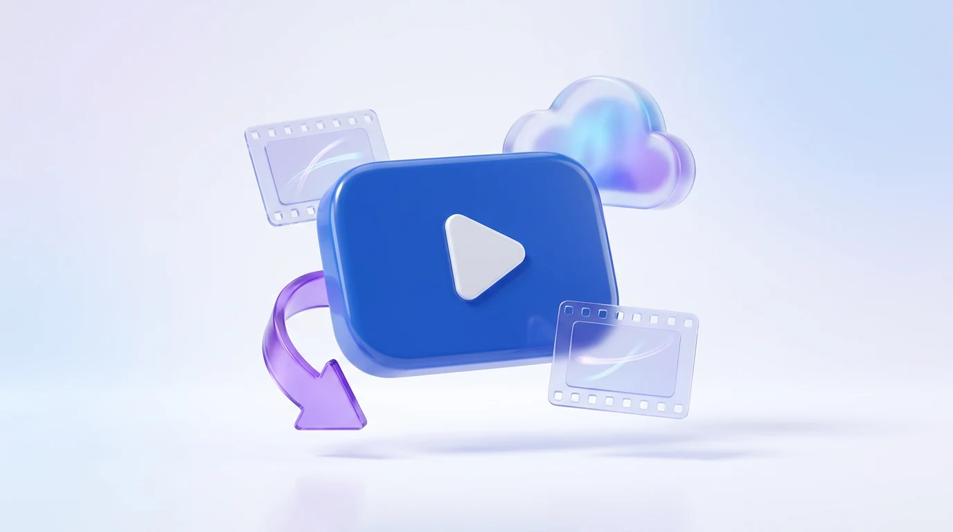 Blue video play tile with a purple download arrow and a cloud
